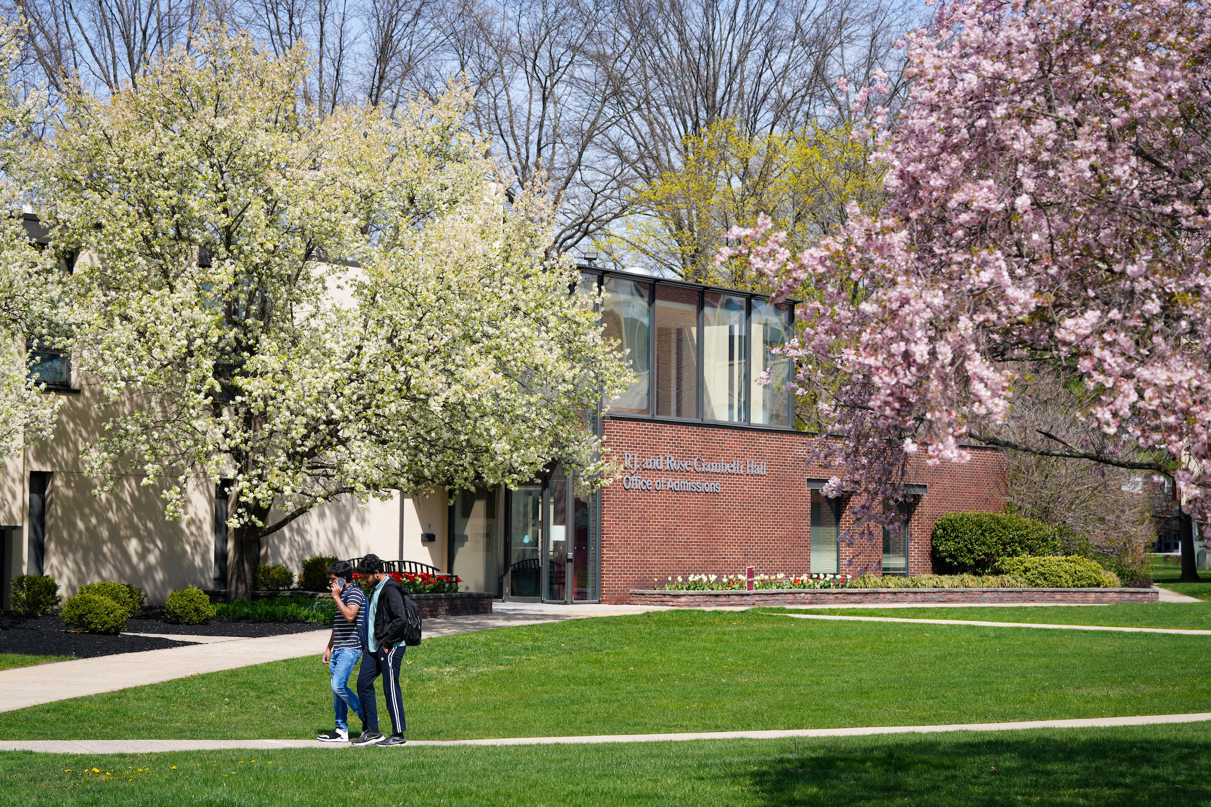 students on campus in the spring