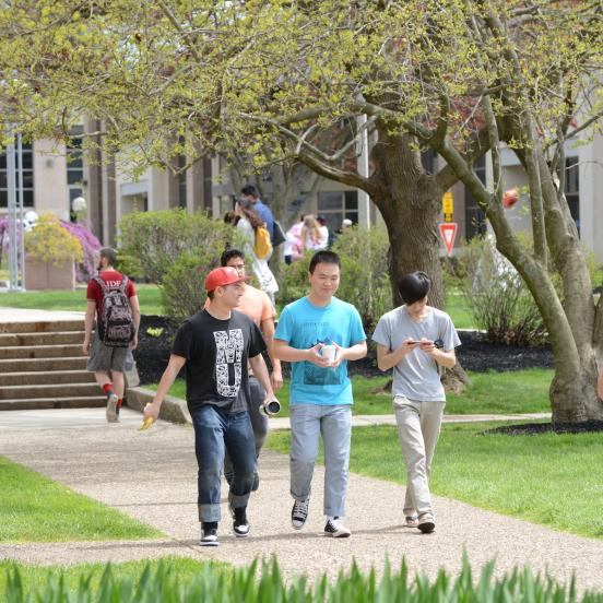 A group of students walking near alumni gym
