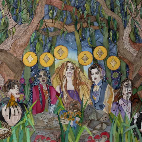 Several people in a forest looking around at their surroundings. Original Artwork by Alia Bensliman