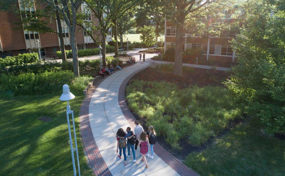 Aerial view of students walking on path