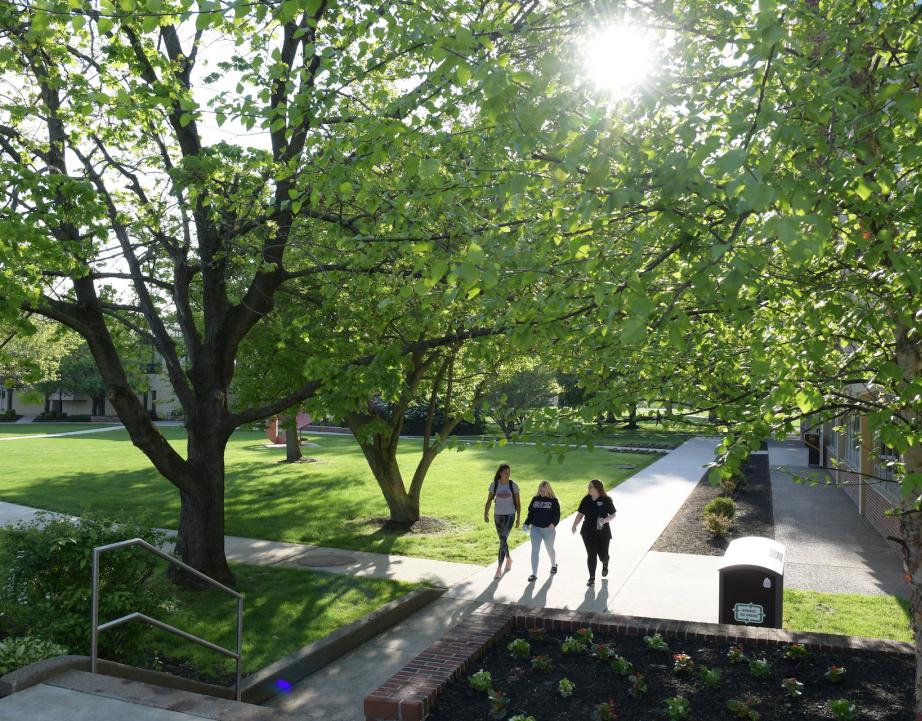 Students walk across campus in spring